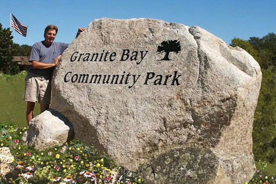 Large granite boulder sign for Granite Bay Community Park, CA